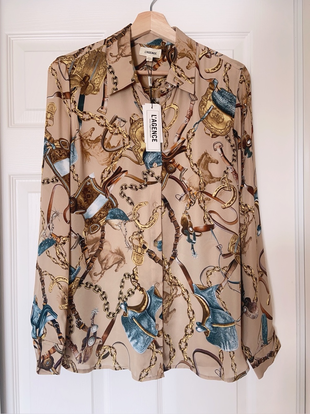 NWT L'AGENCE Nina Silk Blouse in Dark Cappuccino Multi Equestrian Saddle - Picture 5 of 8